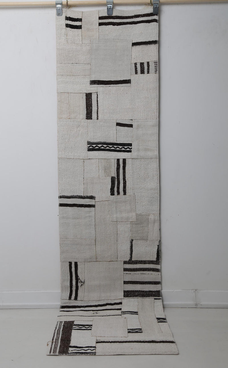 1'11 x 7'10 Vintage Turkish Hemp Patchwork Runner Rug, Black White Minimal Long Hallway Rug