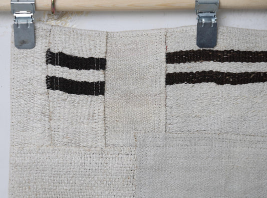 1'11 x 7'10 Vintage Turkish Hemp Patchwork Runner Rug, Black White Minimal Long Hallway Rug