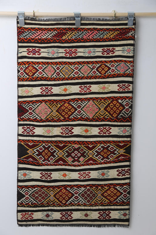 Vintage Turkish Kilim Rug, Handwoven Wool Flatweave Doormat, Multicolor Stripes