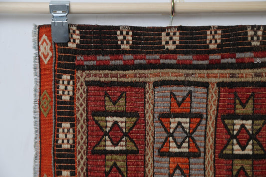 Vintage Turkish Kilim Rug, Handwoven Wool Flatweave Doormat, Red Multicolor Oriental (2'11" x 3'5")