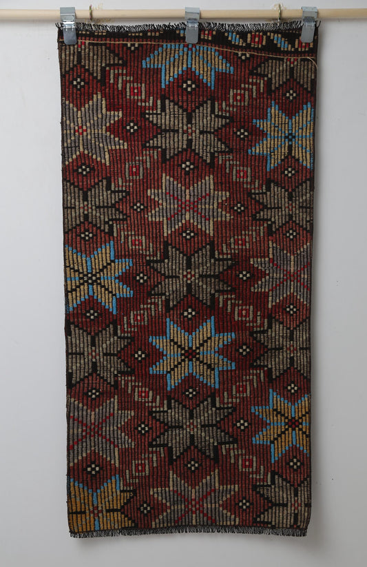 Vintage Turkish Kilim Doormat Rug, Handmade Wool Floral Red Brown Black (2'2" x 4'4")