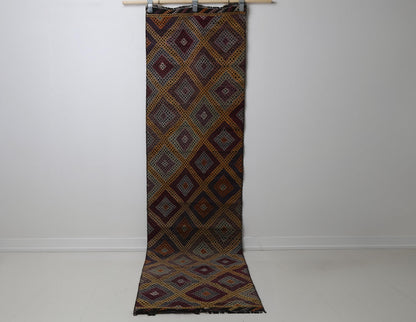 Vintage Turkish Kilim Runner Rug, orange geometric full view