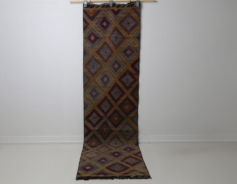 Vintage Turkish Kilim Runner Rug, Handmade Wool Geometric Orange Hallway Carpet