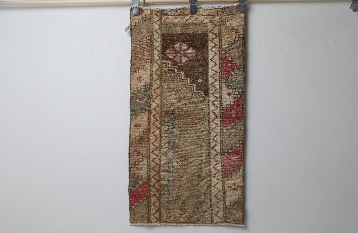 Vintage Wool Oriental Doormat Rug, Brown Beige Small Entryway Accent (1'11" x 3'7")