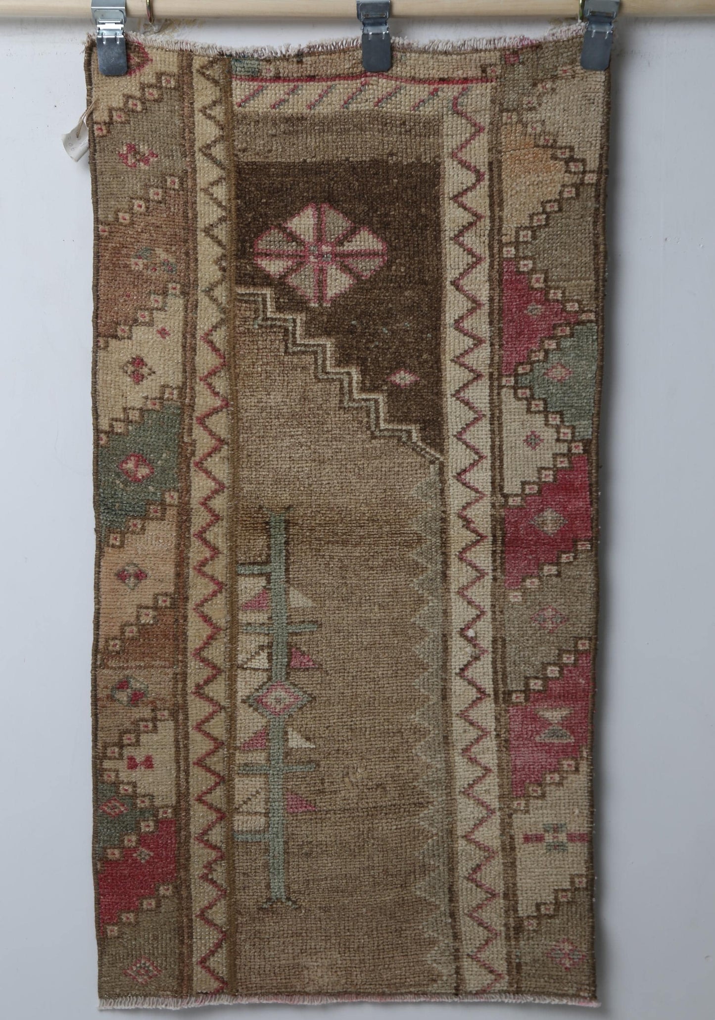 Vintage Wool Oriental Doormat Rug, Brown Beige Small Entryway Accent (1'11" x 3'7")