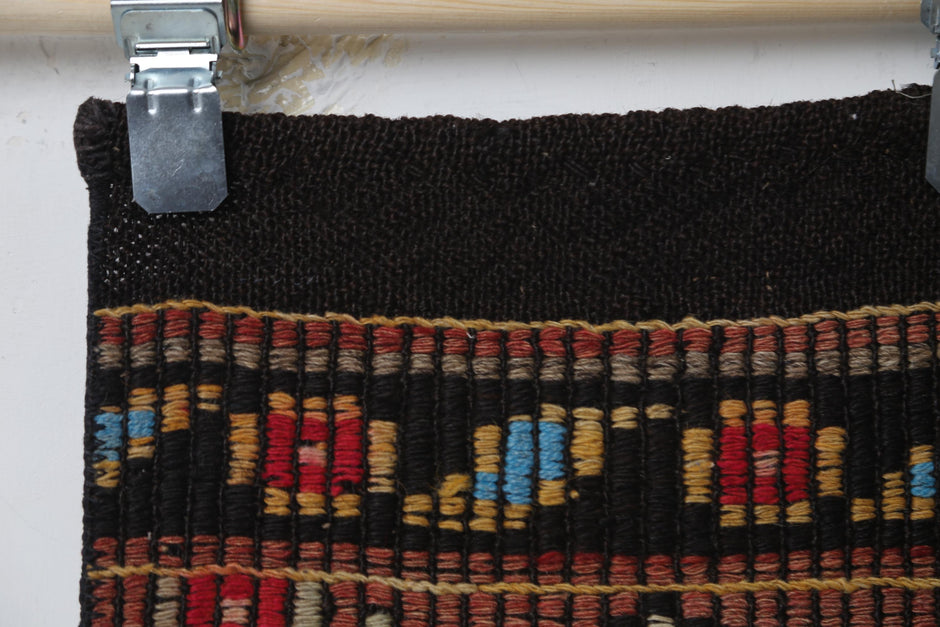 Handmade wool construction, alt angle, red kilim runner