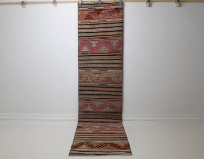 Vintage Turkish Kilim Runner Rug, warm tone striped full view