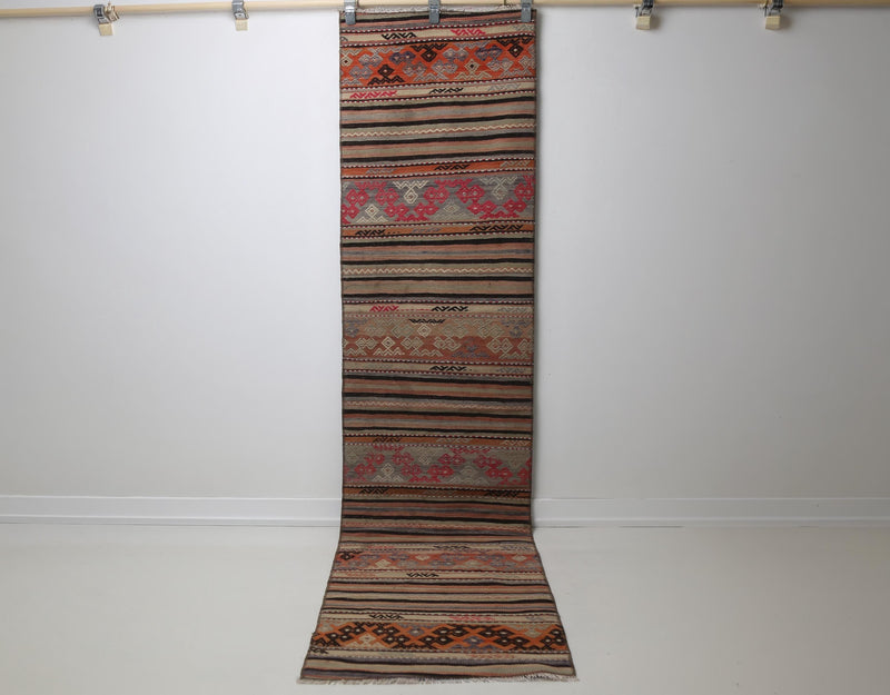 Vintage Turkish Kilim Runner Rug, Handmade Wool Striped Hallway Carpet