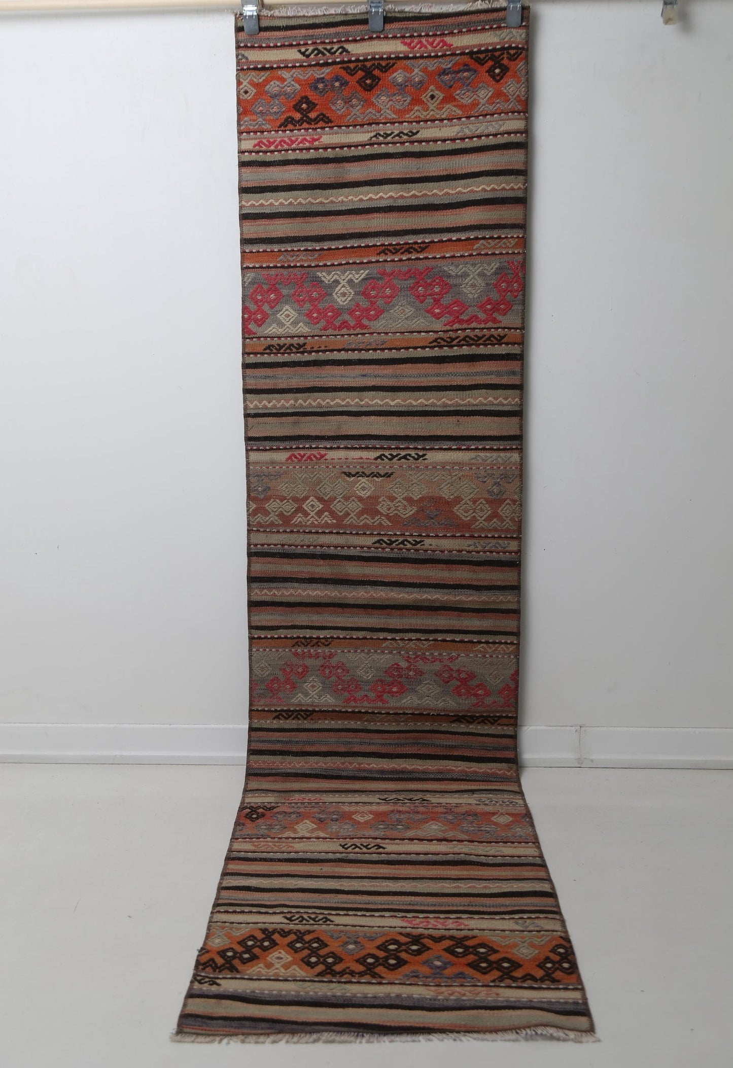 Vintage Turkish Kilim Runner Rug, Handmade Wool Striped Hallway Carpet