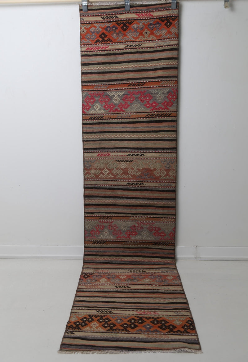 Vintage Turkish Kilim Runner Rug, Handmade Wool Striped Hallway Carpet