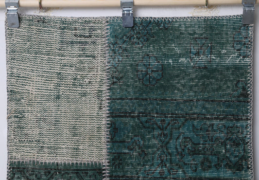 2'4 x 9'1 Vintage Turkish Patchwork Runner Rug, Green Long Hallway Wool Rug