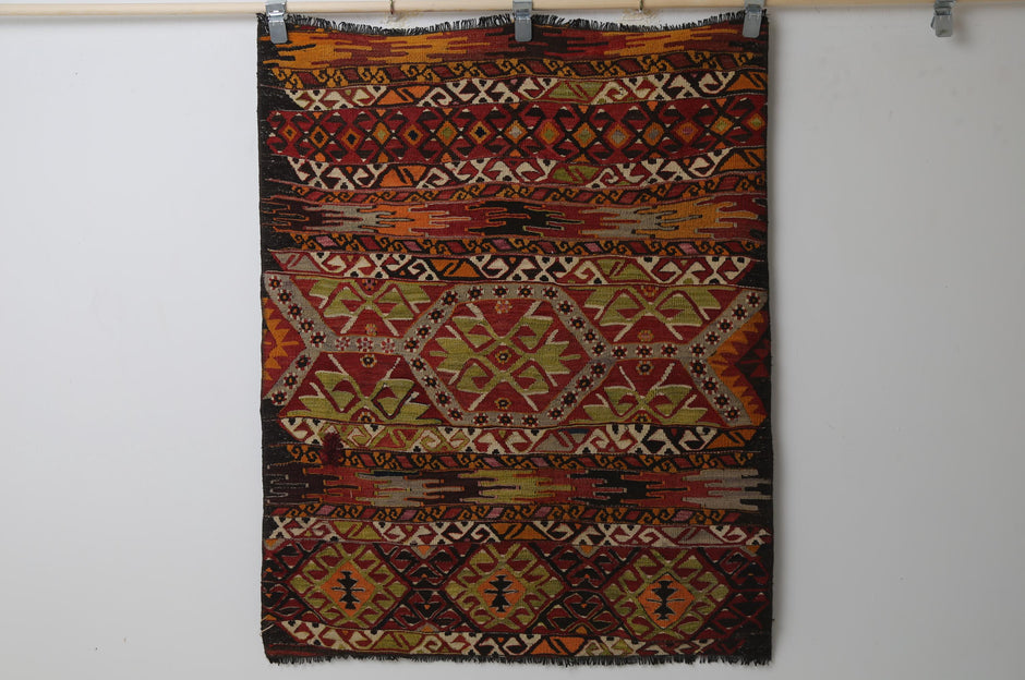 3'3" x 4'2" Vintage Turkish Kilim Rug, multicolor tribal full view
