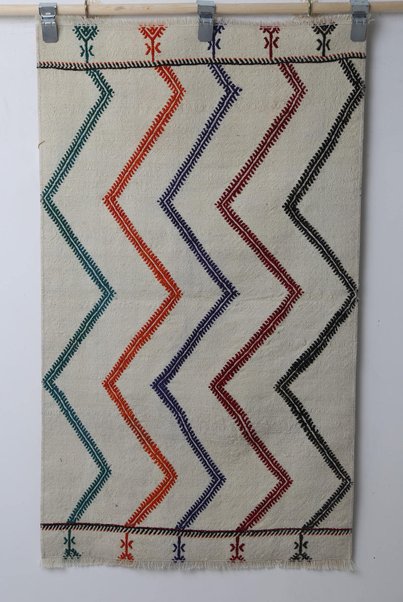 2'4 x 4'0 Vintage Turkish Kilim Rug, Handmade Wool Beige Multicolor Striped Tribal Doormat