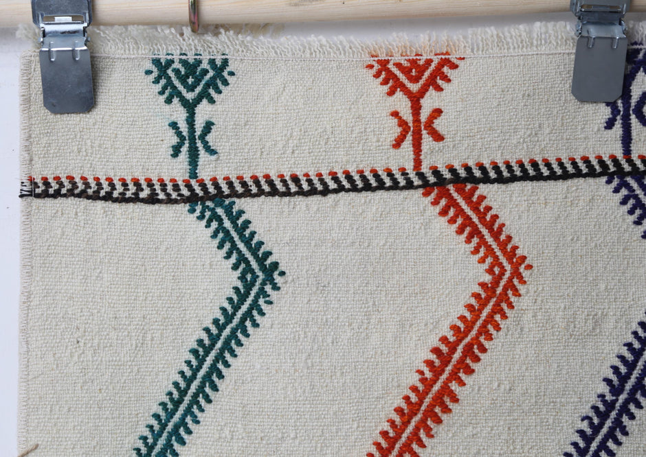 Handwoven wool texture close-up, tribal motifs, kilim doormat
