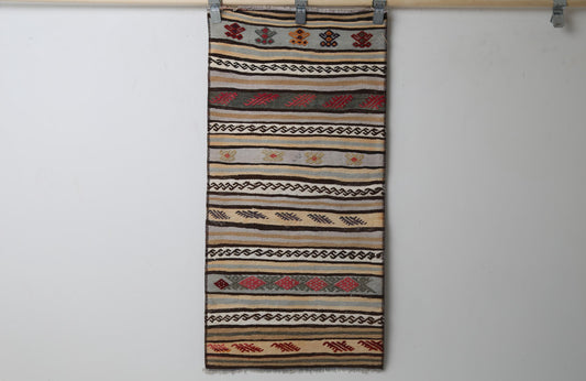 1'10 x 3'9 Vintage Turkish Kilim Runner, Handmade Wool Multicolor Striped Tribal Rug