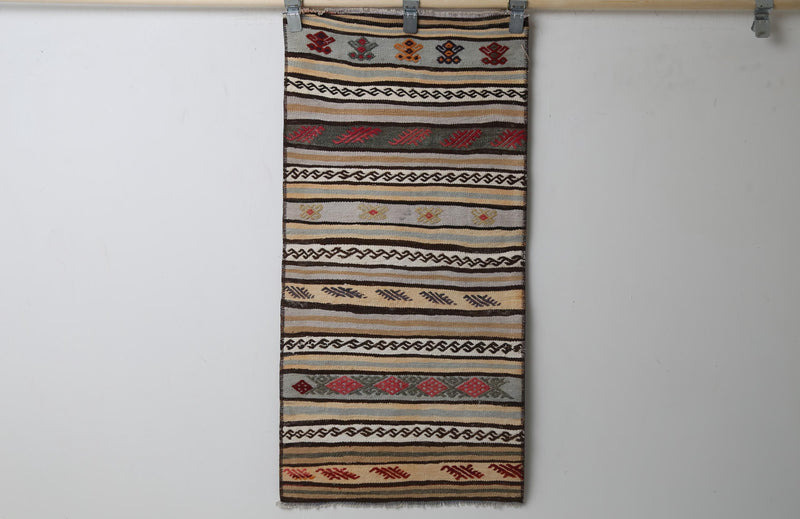 1'10 x 3'9 Vintage Turkish Kilim Runner, Handmade Wool Multicolor Striped Tribal Rug