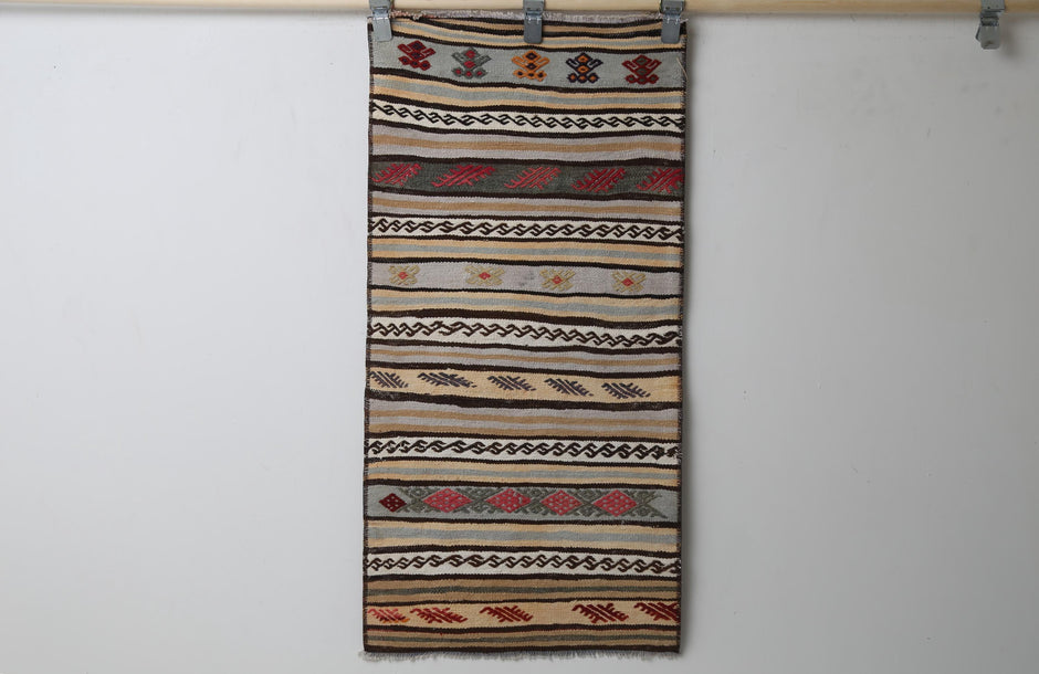 1'10" x 3'9" Vintage Turkish Kilim Runner, multicolor striped full view