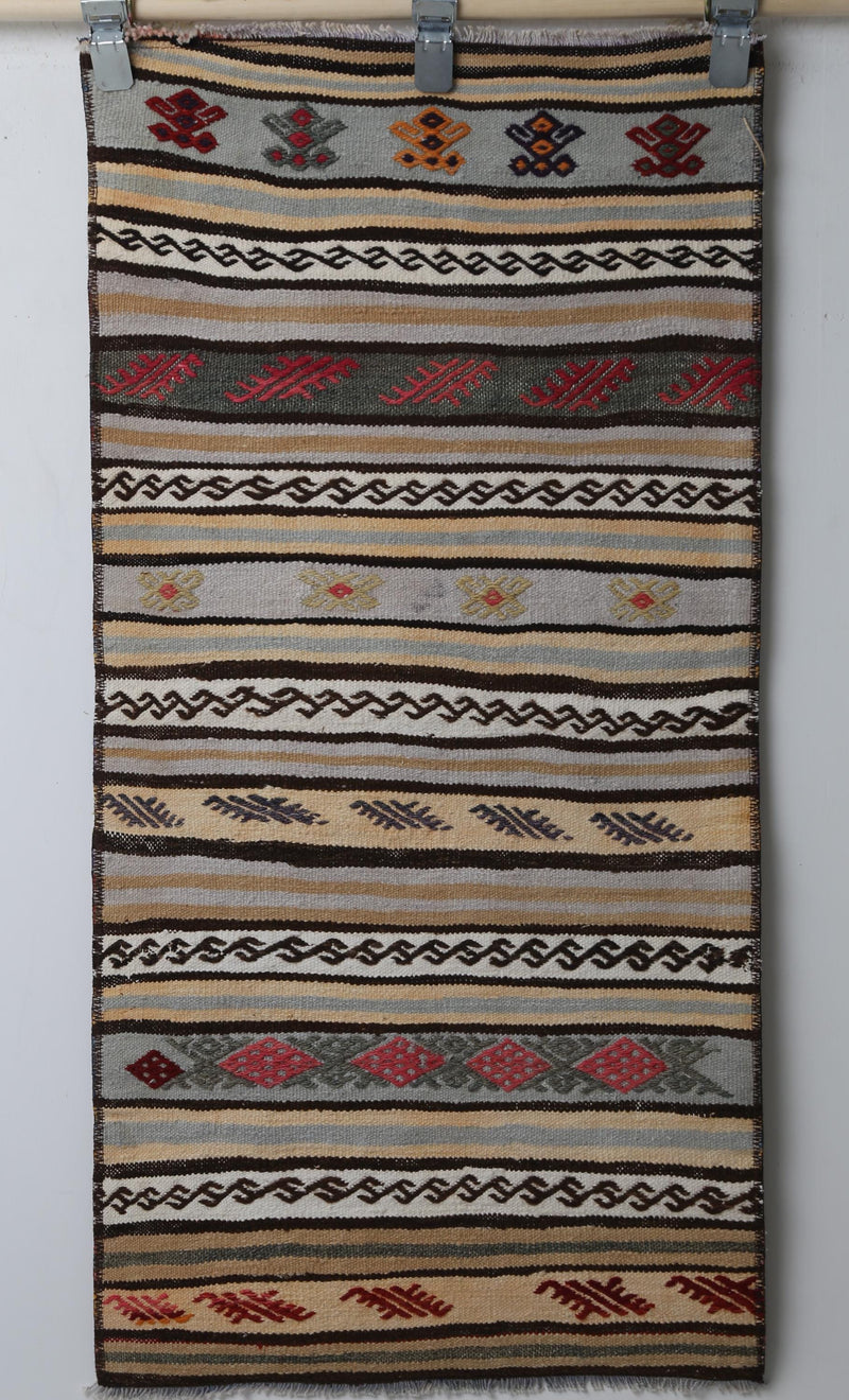 1'10 x 3'9 Vintage Turkish Kilim Runner, Handmade Wool Multicolor Striped Tribal Rug