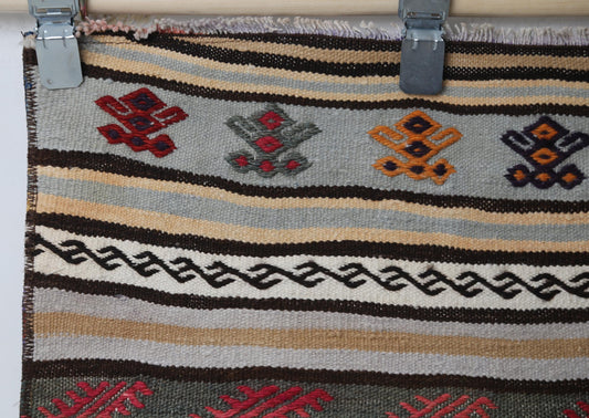 1'10 x 3'9 Vintage Turkish Kilim Runner, Handmade Wool Multicolor Striped Tribal Rug