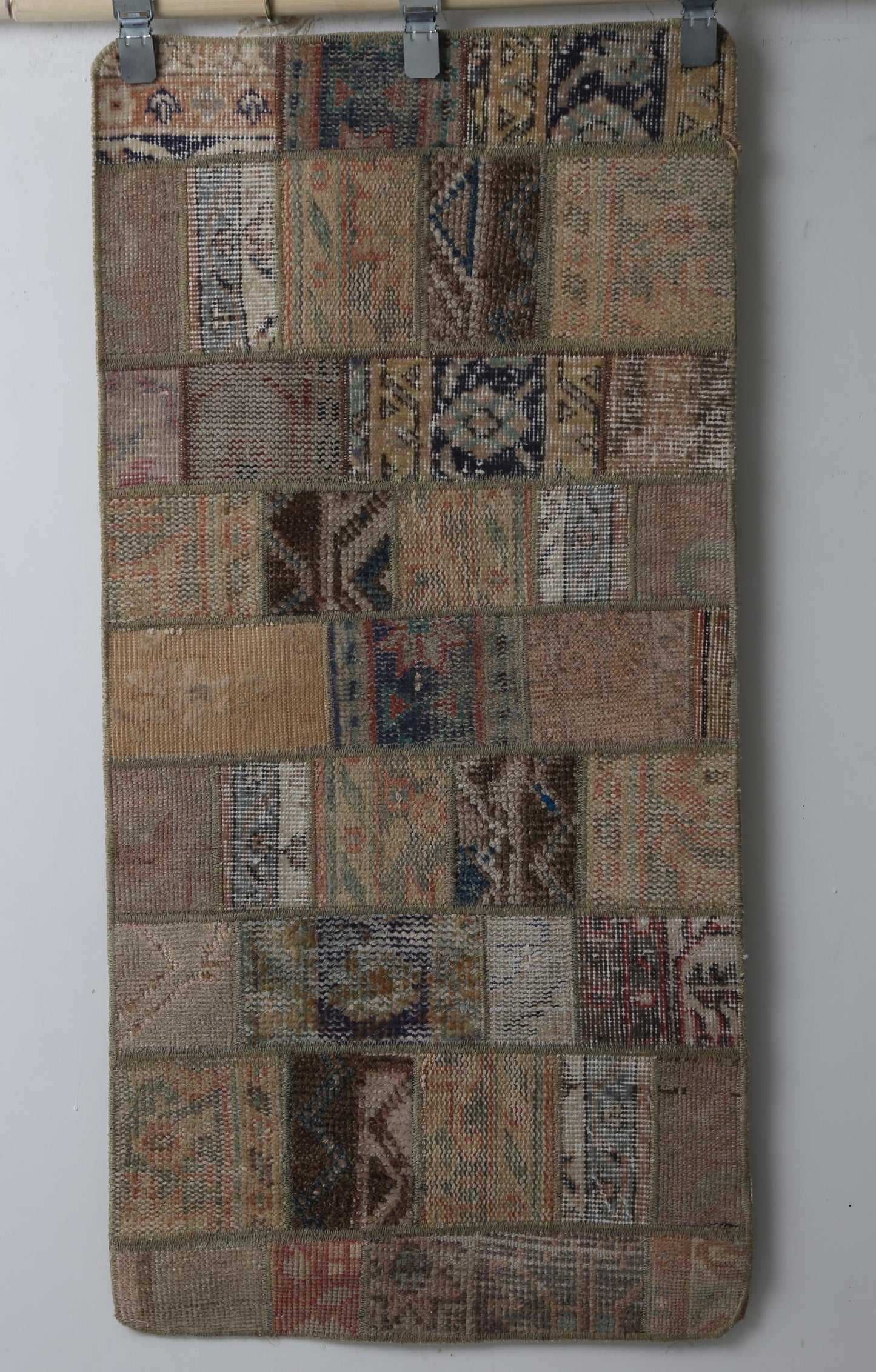 1'11 x 4'1 Vintage Turkish Patchwork Rug, Handmade Wool Cotton Beige Brown Doormat