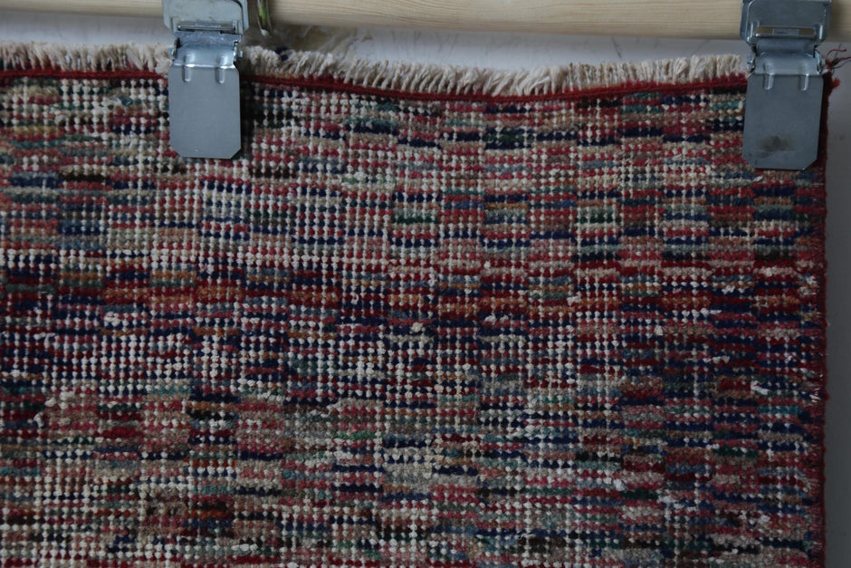 Back view, handmade weaving structure, multicolor rug