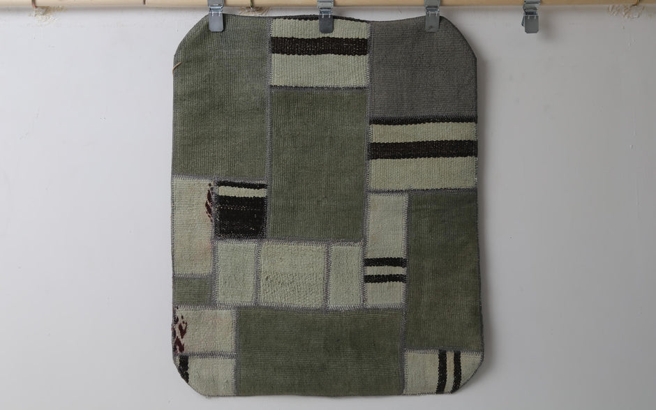 Vintage Turkish Hemp Wool Patchwork Doormat Rug, green front view