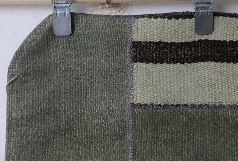 Vintage Turkish Hemp Wool Patchwork Doormat Rug, Green Minimal Rustic Entry Rug