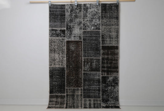 3'11 x 6'1 Vintage Turkish Patchwork Rug, Black Brown Wool Cotton Area Rug