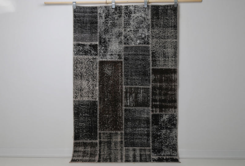 3'11 x 6'1 Vintage Turkish Patchwork Rug, Black Brown Wool Cotton Area Rug