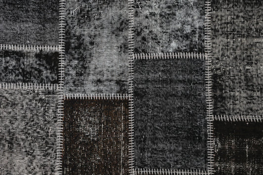 3'11 x 6'1 Vintage Turkish Patchwork Rug, Black Brown Wool Cotton Area Rug