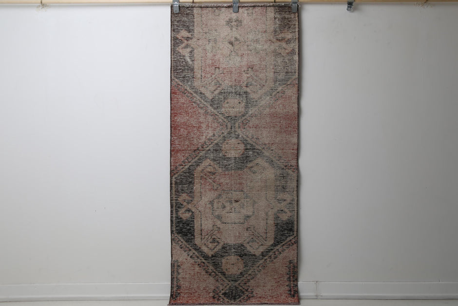 Vintage Turkish Runner Rug, Handmade Wool Cotton, Orange Beige Black Hallway Home