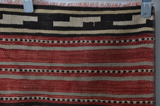 Vintage Turkish Kilim Rug, Handwoven Wool Entryway Doormat, Red Multicolor Stripes