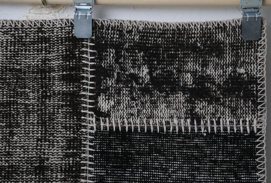 3'11 x 6'2 Vintage Turkish Patchwork Rug, Black Brown Wool Cotton Area Rug