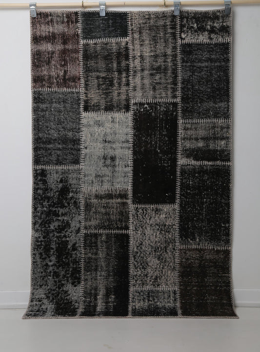 3'11 x 6'2 Vintage Turkish Patchwork Rug, Black Brown Wool Cotton Area Rug