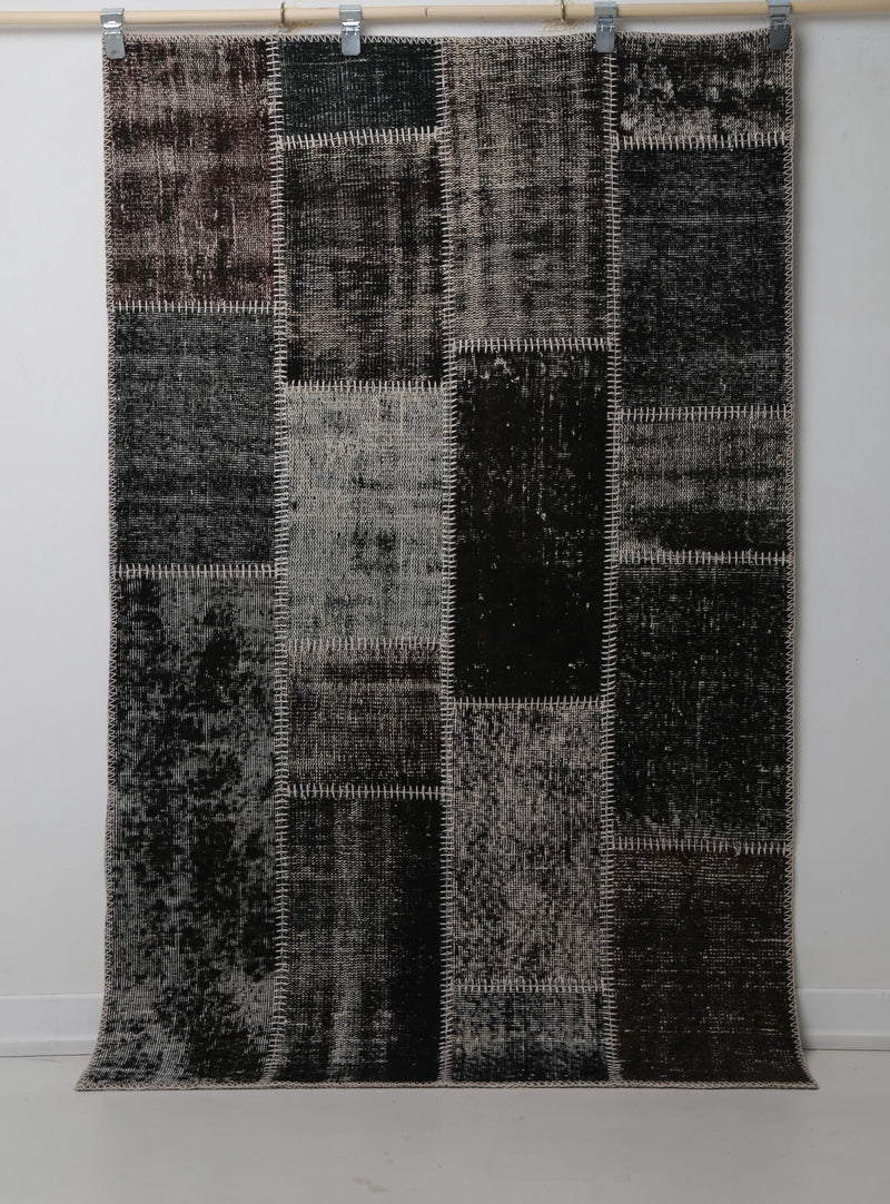 3'11 x 6'2 Vintage Turkish Patchwork Rug, Black Brown Wool Cotton Area Rug
