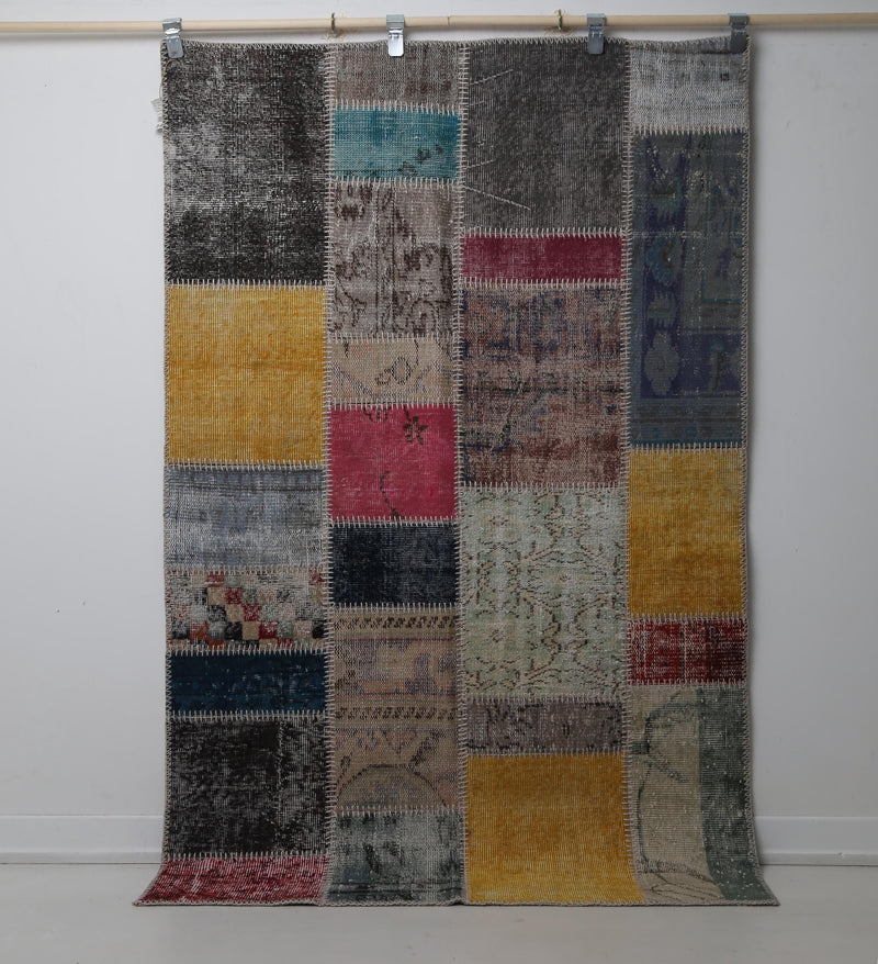 5'8 x 6'5 Vintage Turkish Patchwork Rug, Multicolor Wool Cotton Area Rug