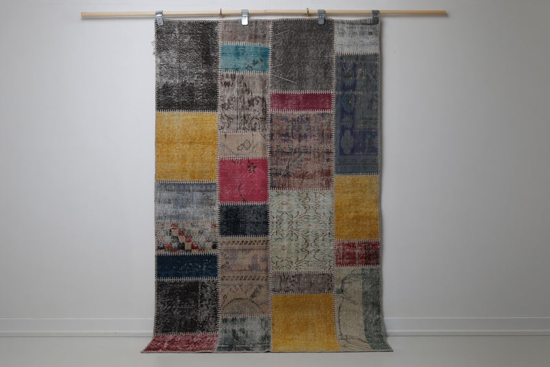 5'8 x 6'5 Vintage Turkish Patchwork Rug, Multicolor Wool Cotton Area Rug
