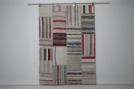 4'0 x 5'8 Vintage Turkish Kilim Patchwork Rug, Beige Multicolor Wool Cotton Area Rug