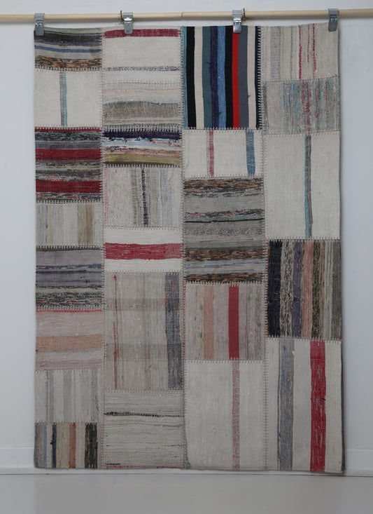 3'11 x 5'8 Vintage Turkish Kilim Patchwork Rug, Beige Multicolor Wool Cotton Area Rug
