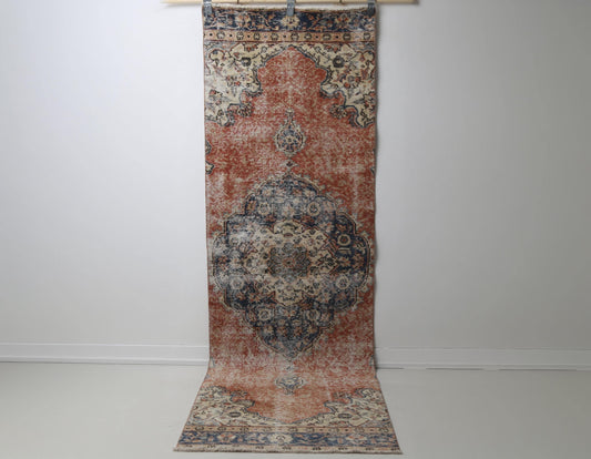2'8 x 8'6 Vintage Turkish Runner Rug, Handmade Wool Cotton Orange Beige Hallway Rug
