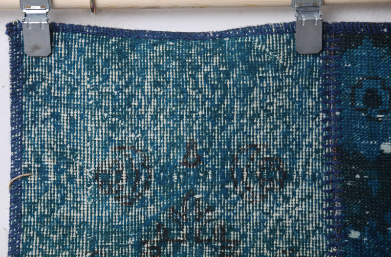 2'5 x 7'2 Vintage Turkish Patchwork Runner Rug, Handmade Wool Cotton Blue Hallway Rug