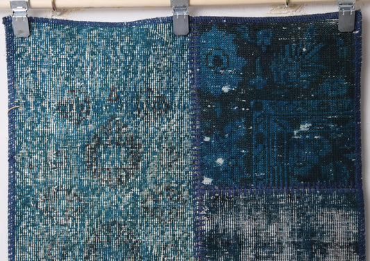 2'5 x 7'2 Vintage Turkish Patchwork Runner Rug, Handmade Wool Cotton Blue Hallway Rug