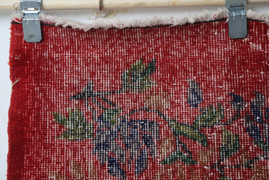 2'10 x 6'1 Vintage Turkish Runner Rug, Red Floral Wool Cotton Hallway Rug