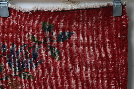2'10 x 6'1 Vintage Turkish Runner Rug, Red Floral Wool Cotton Hallway Rug
