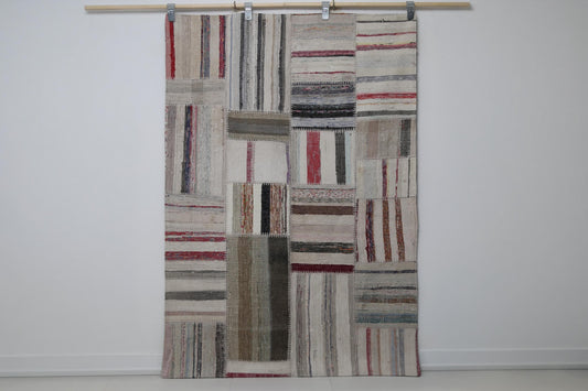 4'0 x 5'10 Vintage Turkish Kilim Patchwork Rug, Beige Multicolor Wool Cotton Area Rug