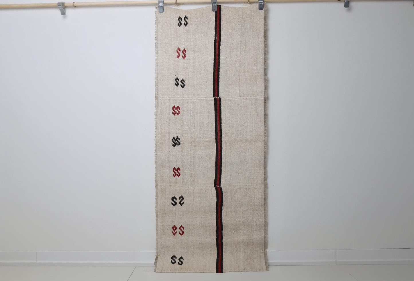 2'4 x 5'11 Vintage Turkish Hemp Runner Rug, Beige Red Black Striped Tribal Hallway Rug
