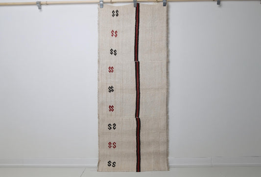 2'4 x 5'11 Vintage Turkish Hemp Runner Rug, Beige Red Black Striped Tribal Hallway Rug