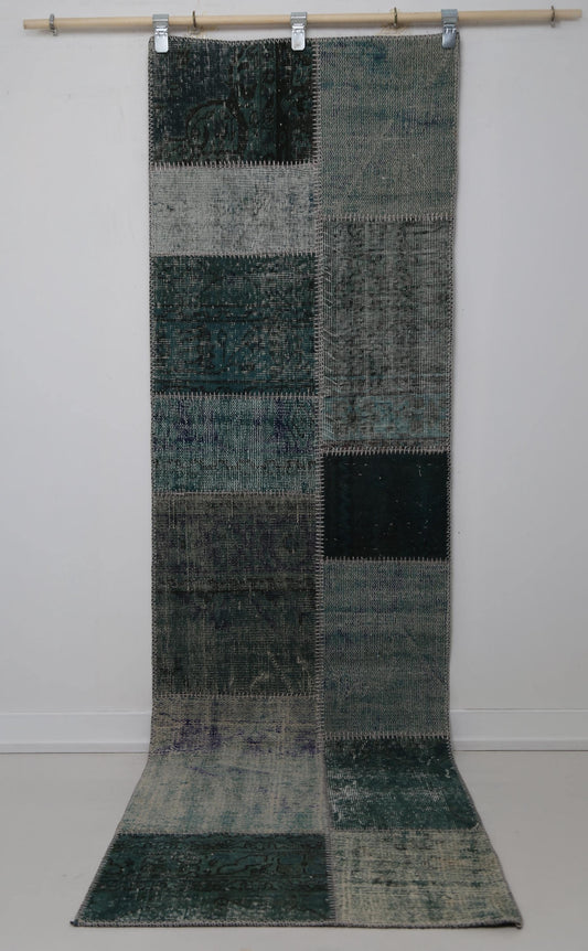 2'5 x 8'4 Vintage Turkish Patchwork Runner Rug, Green Wool Cotton Hallway Rug