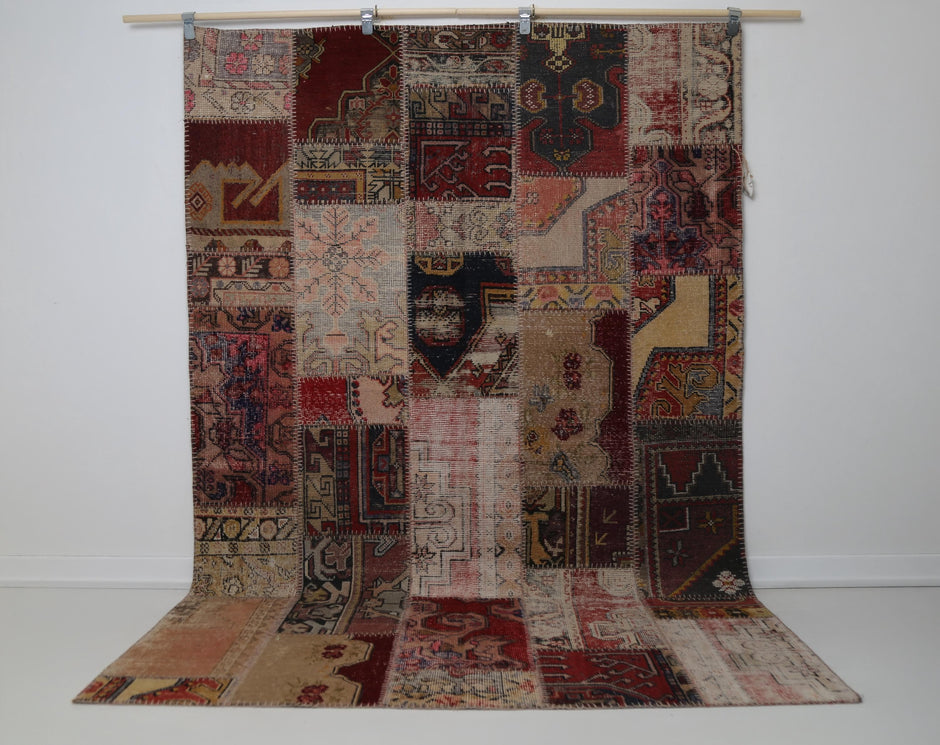 5'7" x 8'4" Vintage Turkish Patchwork Rug, multicolor Anatolian area rug full view