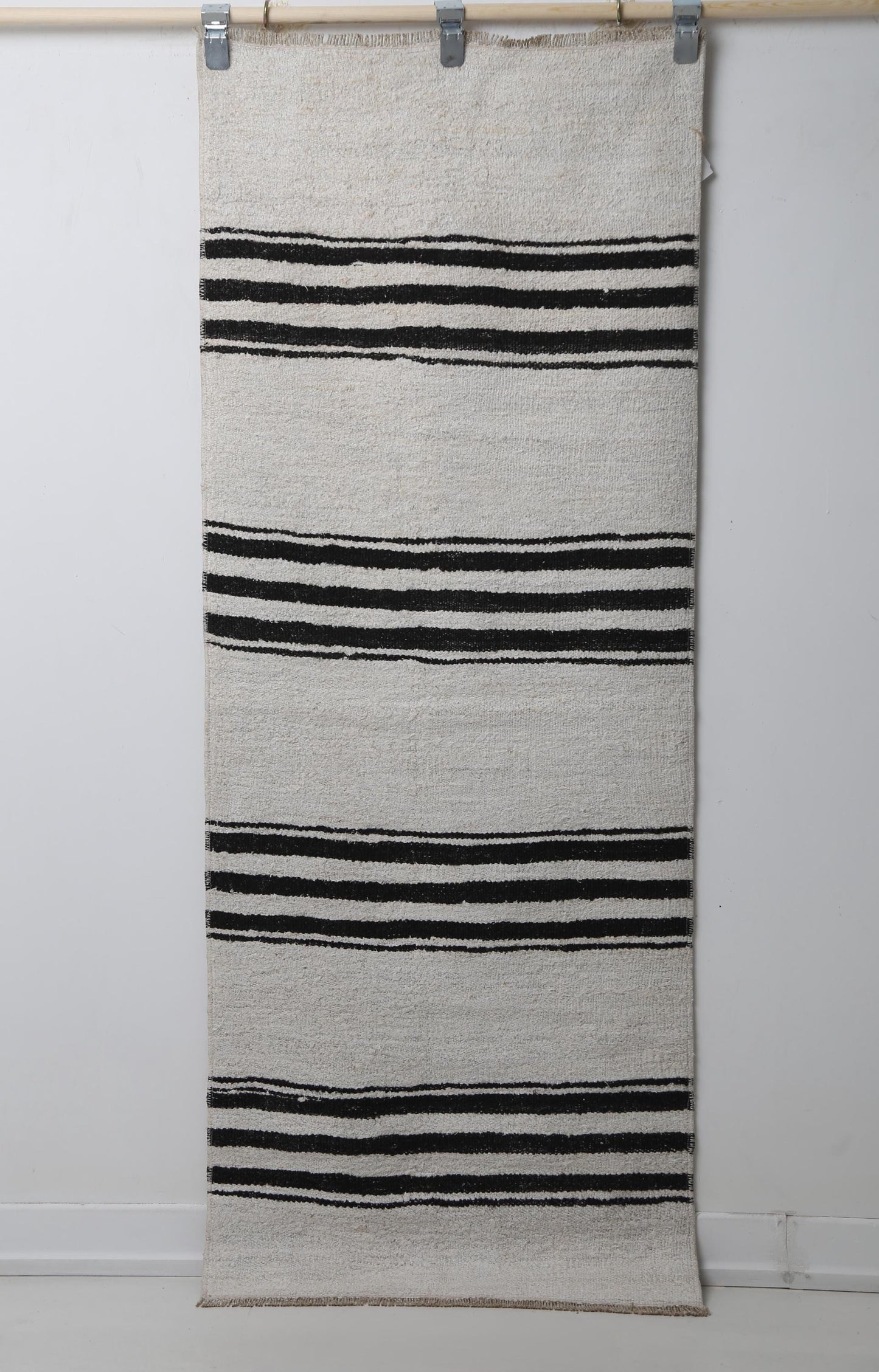 2'3 x 5'10 Vintage Turkish Hemp Runner Rug, White Black Striped Minimal Hallway Rug